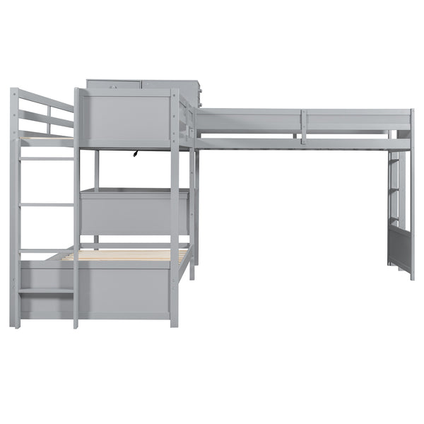 English Elm Twin L-shaped Bunk Bed Pine Wood Corner Design with Desk Drawers and Usb Charging Gray N820S00079E
