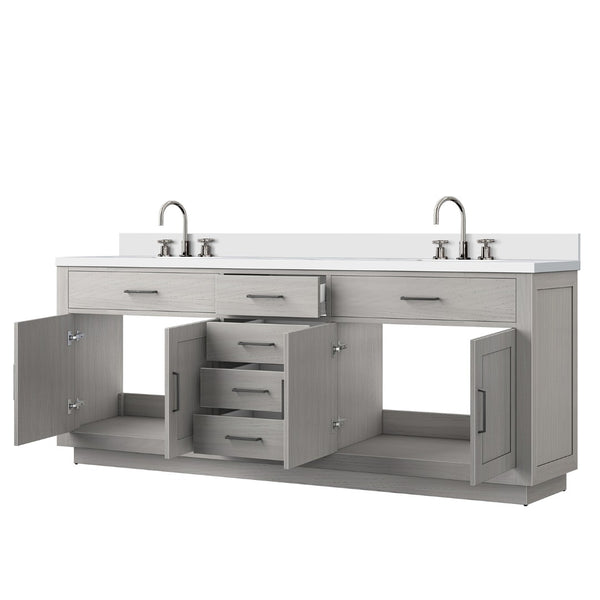 English Elm White Oak Double Bath Vanity 84" W X 22" D With White Quartz Top & Chrome Faucet Set For Luxury Bathrooms B2731P257884-GIGA