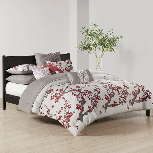JLA Home N Natori - Comforter Natori Cherry Blossom Reversible Cotton Sateen & Percale Overfilled Oversized Set, OEKO-TEX Certified NS10-1849