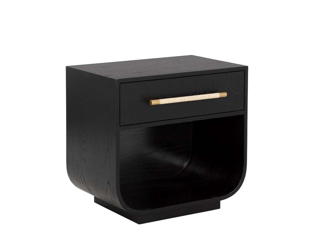 Sunpan Tarrant Nightstand – Elegant Black Oak with Raffia Handles and Modern Curves for Stylish Storage Solutions