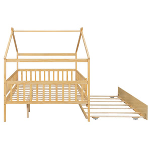 English Elm Full Size Pine House Bed with Roofline Frame and Roll Out Twin Trundle for Kids Natural LP100306AAN