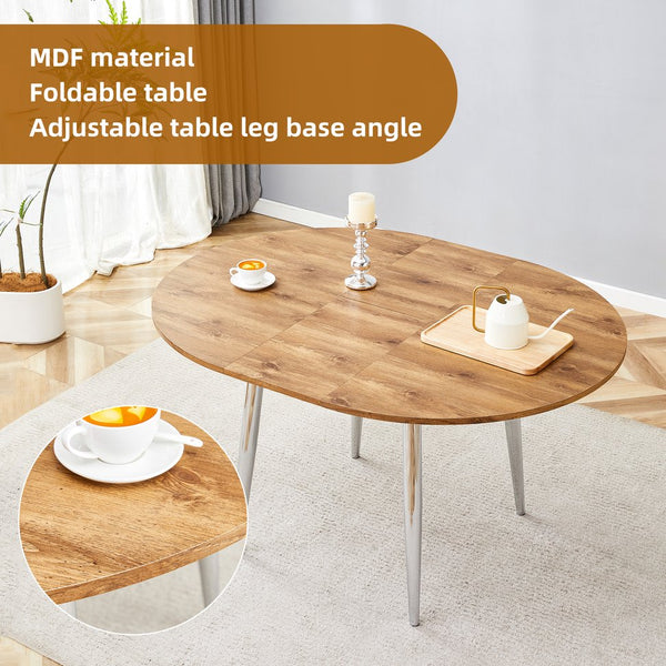 English Elm Table Set Extendable Round to Oval Wood Grain Top with Four White Pu Dining Chairs W1151S03962