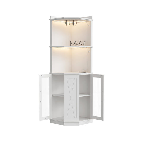English Elm 67.3" Farmhouse Corner Bar Cabinet Led Lit Wine Storage with Built-in Power Outlets N735P361423K