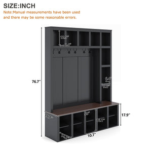 English Elm Farmhouse Hall Tree Walnut Bench Two-tone Entryway Organizer with Six Hooks Shoe Storage N721S000044B-1