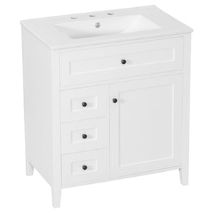 English Elm 30-Inch Contemporary Bathroom Vanity with Sink, MDF & Rubberwood, Glossy Finish, 3 Drawers + Cabinet White N725P350819K