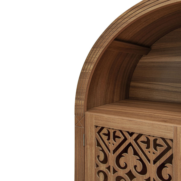 English Elm 70.28" Tall Walnut Pantry Cabinet Lattice Carved Doors Adjustable Shelves Two Drawers W688P303382