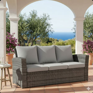 English Elm 67.7" Outdoor Wicker Three Seat Sofa High Back Pe Frame Patio Lounge Furniture Gray B082P455184