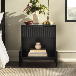 English Elm Walker Edison - Modern Fluted-Drawer Nightstand Black — Boho Minimalist MDF Nightstand with Open Cubby & Metal Legs B185P168922