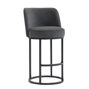 English Elm Counter Height Barstools Set of 2 Linen Upholstered Barrel Seat with Iron Legs Gray W395P410436