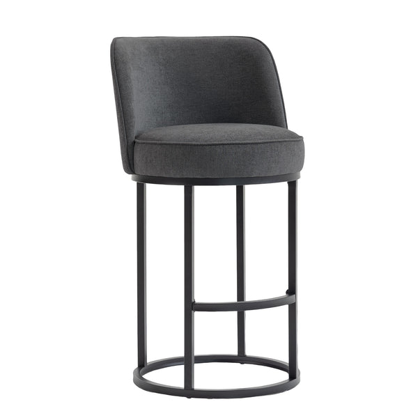 English Elm Counter Height Barstools Set of 2 Linen Upholstered Barrel Seat with Iron Legs Gray W395P410436