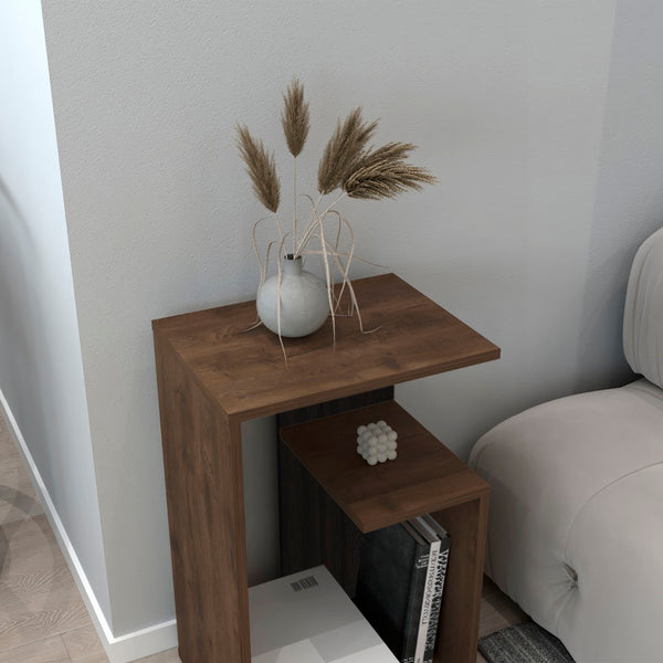 English Elm Side Table – 25" H Dark Oak Minimalist Design With 2 Open Shelves For Stylish Storage & Display B097P296867-GIGA