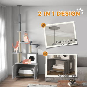 English Elm Pawhut Floor to Ceiling Cat Tower with Hidden Litter Box Condo Hammock Sisal Posts W2225P200364