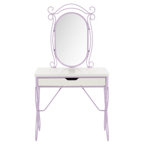 English Elm Priya Elegant Butterfly Vanity Set White & Purple – Oval PU-Wrap Mirror, High-Gloss MDF Table, Padded Stool, Metal Frame Durable Finish B2726P262770