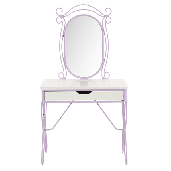 English Elm Priya Elegant Butterfly Vanity Set White & Purple – Oval PU-Wrap Mirror, High-Gloss MDF Table, Padded Stool, Metal Frame Durable Finish B2726P262770