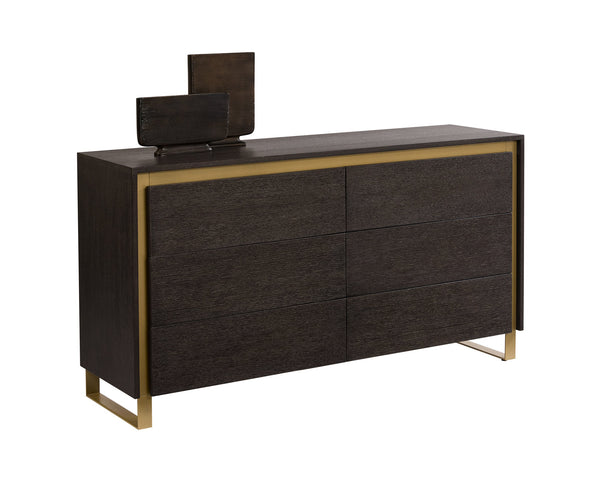 Sunpan Alvaro Dresser - Classic Grey Oak with Six Push-to-Open Drawers & Rustic Bronze Steel Legs, Stylish!