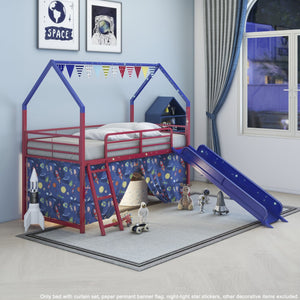 English Elm Jack Metal Junior Loft Bed With Slide & Curtain Set – Superhero Red & Blue Design For Fun Playtime! B083P354665