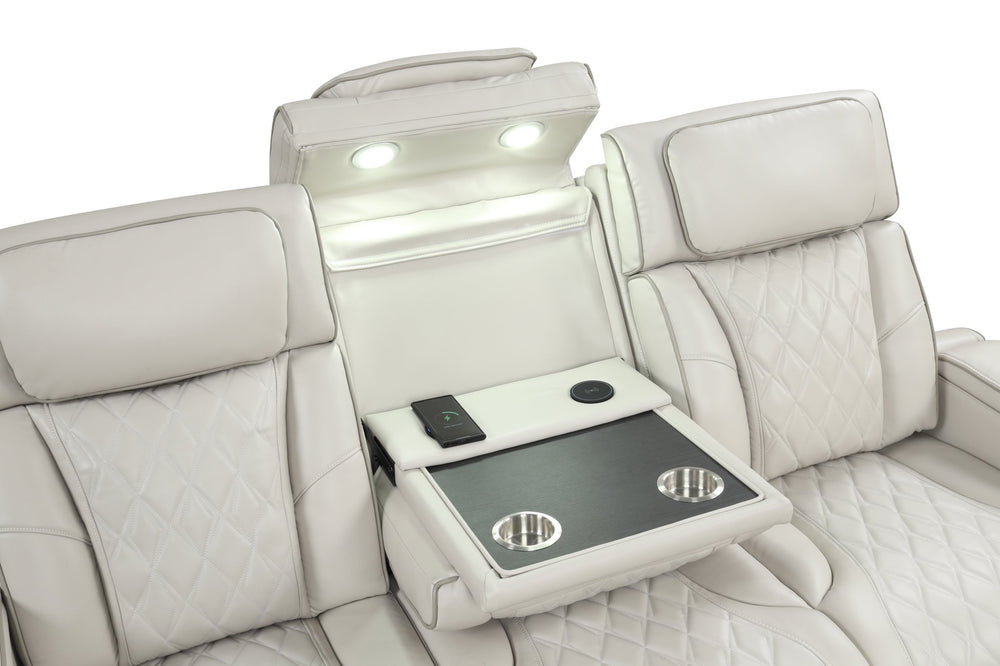 English Elm Fortuner Modern Reclining Sofa Beige with LED Lighting, Massage, Power Recliners, Console USB Wireless Charging G150109099