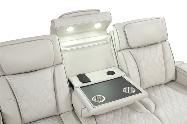 English Elm Fortuner Modern Reclining Sofa Beige with LED Lighting, Massage, Power Recliners, Console USB Wireless Charging G150109099