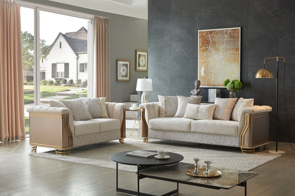 English Elm Chateau Three Piece Living Room Sofa Set Cream Upholstery Gold Steel Legs Glam B009S02179