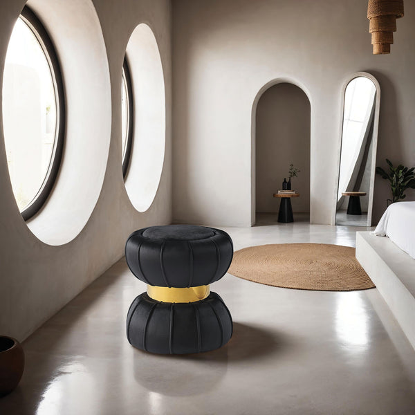 English Elm Contemporary Plush Pleated Round Ottoman Stool with Gold Trim Base, Velvet-Like Accent Seat for Living Room Black 17 L x 17 W x 19 H B2741P388361