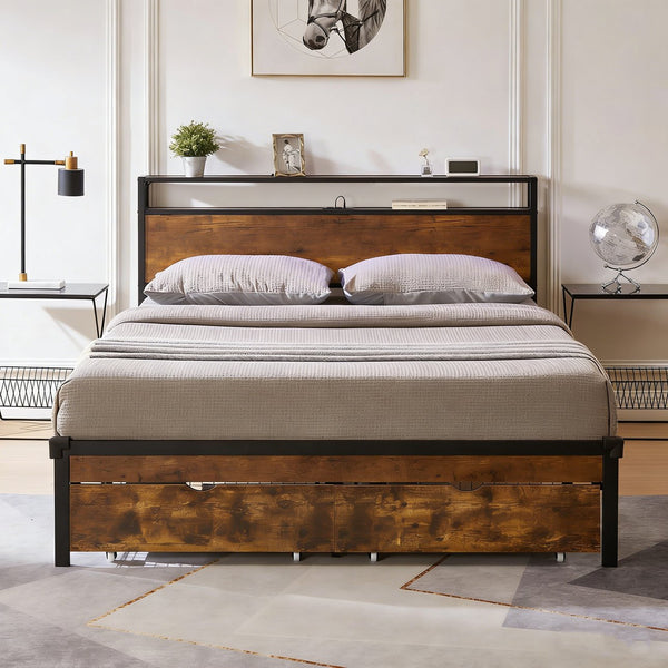 English Elm Queen Storage Bed Wood Headboard Metal Frame Usb Charging Two Under Drawer Bedroom W311S00063
