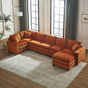 English Elm Modern U Shaped 6-Seat Sectional Sofa with Ottoman and 3 Toss Pillows, Corduroy Modular Comfort and Durable Frame Orange W2363S00043
