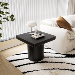 English Elm 23.6'' Square Wood Veneer Accent Table Parquet Top Sculptural Cylindrical Base Matte Finish W1435P419310