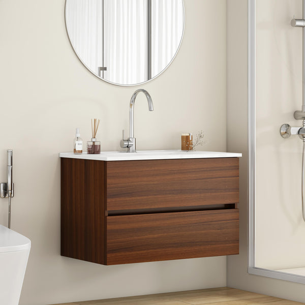 English Elm 32-Inch Wall-Mounted Bathroom Vanity With Soft-Close Drawers, Ceramic Sink, Walnut Finish, Easy Install W3151S00040