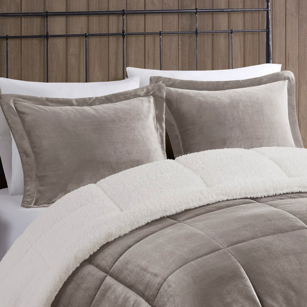 English Elm King Alton Plush-to-Sherpa Down Alternative Comforter Set — Reversible Cozy Berber, Hypoallergenic, OEKO-TEX Certified, Machine Washable Grey+Ivory 22.44 L x 20.87 W x 15.35 H B035100469