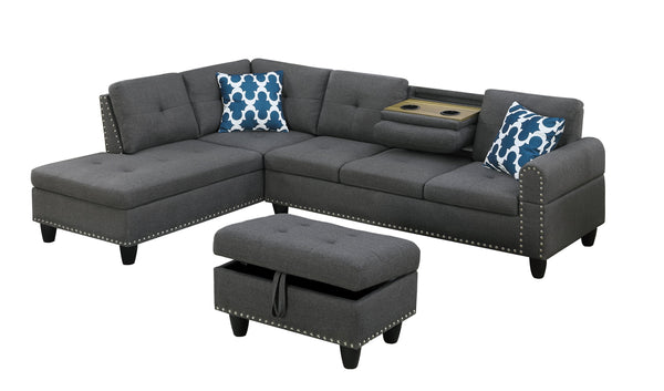 English Elm Black Faux Leather Sectional Sofa with Cup Holders Storage Ottoman and Nailhead Trim Dark Gray B2730S00025