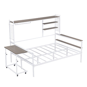 English Elm Full Size Metal Daybed With Movable Desk, Shelves & Clothes Hanger - Space-Saving Industrial Design N737P199321K