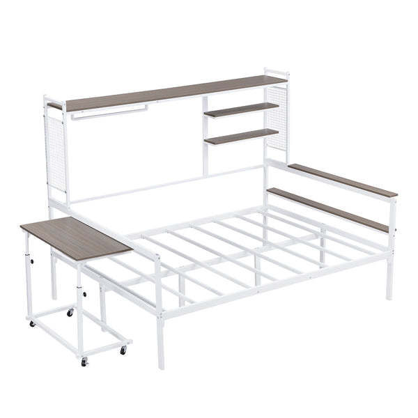 English Elm Full Size Metal Daybed With Movable Desk, Shelves & Clothes Hanger - Space-Saving Industrial Design N737P199321K