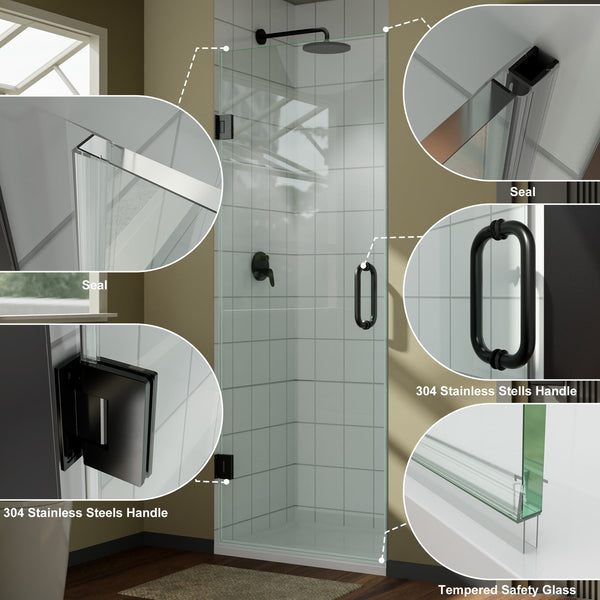 English Elm 28" Frameless Pivot Shower Door Tempered Glass Matte Black Hinged Spa Bath W637P348845
