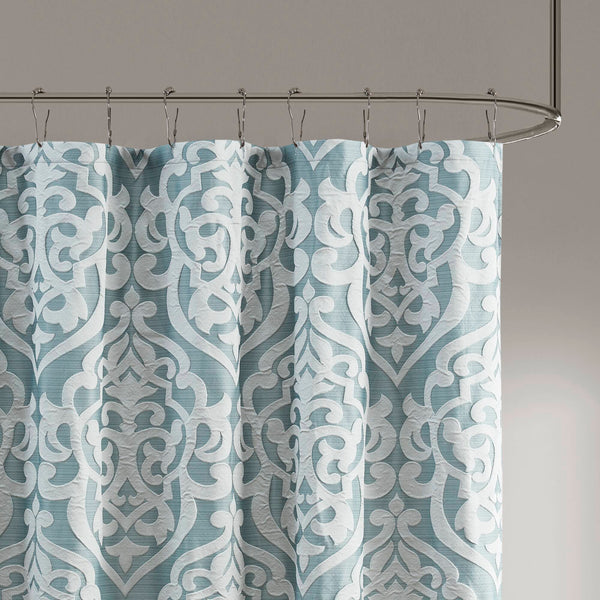 JLA Home Madison Park - Jacquard Silver Medallion Shower Curtain — Textured Damask Weave, 72x72 Durable Machine-Washable Aqua/Silver MP70-8085