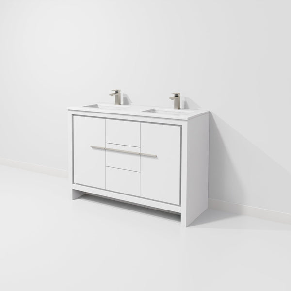 English Elm White Double Bath Vanity With Quartz Top, Gun Metal Faucet & Ample Storage For Modern Bathrooms B2731P259421-GIGA