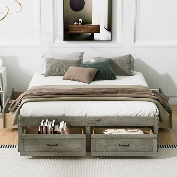 English Elm Queen Platform Bed with Six Storage Drawers Low Profile Frame for Modern Bedrooms Antique Gray N708P263022E