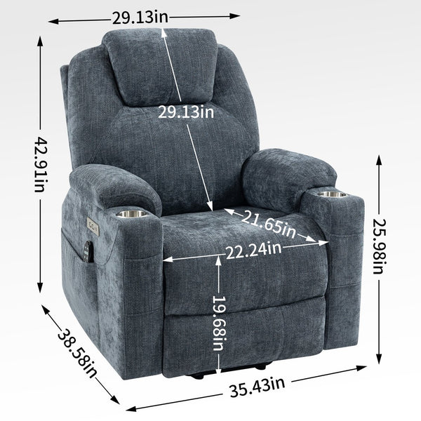 English Elm Up to 350 Lbs Chenille Power Lift Recliner with Massage Heating and Usb Charging Ports Blue W3224S00002