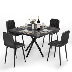 English Elm Square MDF Dining Set for 4 with Faux Marble Top, Mid-Century Modern Iron Legs, Easy-Clean Surface Black W578S00027