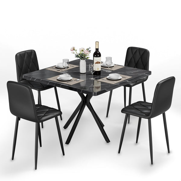English Elm Square MDF Dining Set for 4 with Faux Marble Top, Mid-Century Modern Iron Legs, Easy-Clean Surface Black W578S00027