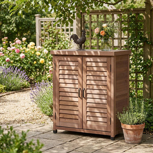 English Elm Potting Bench Solid Wood Workstation with Metal Top Louvered Cabinet Outdoor Garden Brown W2640P228401