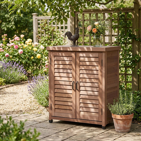English Elm Potting Bench Solid Wood Workstation with Metal Top Louvered Cabinet Outdoor Garden Brown W2640P228401