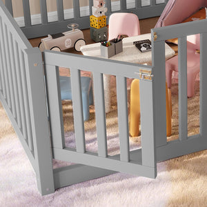English Elm Twin Floor Bed Pine Wood Frame with Guardrails and Door for Safe Toddler Sleep Gray W1580P418052