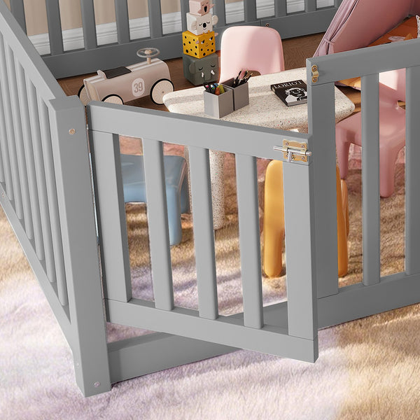 English Elm Twin Floor Bed Pine Wood Frame with Guardrails and Door for Safe Toddler Sleep Gray W1580P418052