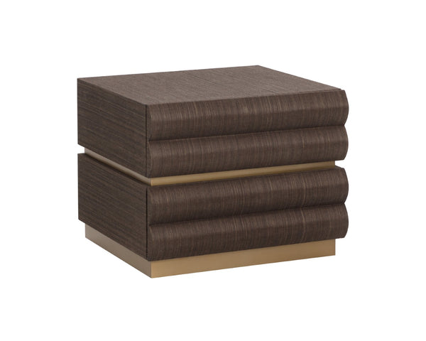 Sunpan SUBIRA Nightstand - Luxurious Chocolate Raffia Design with Velvet-Lined Drawers & Brass Accents 112309