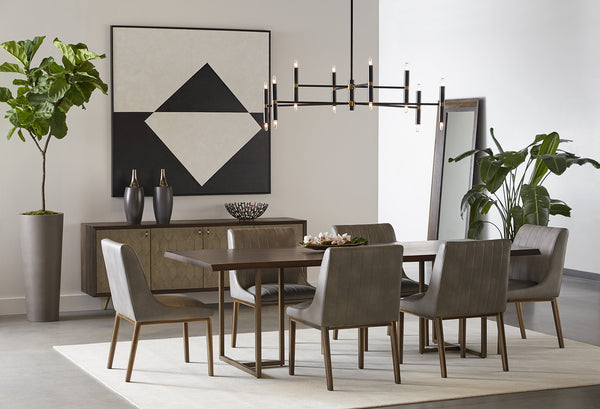 Sunpan Donnelly 95" Rustic Dining Table with Smoked Acacia Wood Top & Antique Brass Frame for Elegance