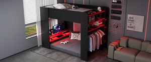 English Elm Full Size Gaming Bunk Bed with Rgb Lighting Integrated Desk Wardrobe and Storage Red LT100266AAR