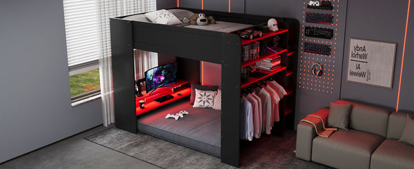 English Elm Full Size Gaming Bunk Bed with Rgb Lighting Integrated Desk Wardrobe and Storage Red LT100266AAR
