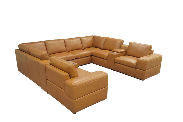 English Elm Premium Leather Match L-shaped Sectional with Dual Recliners and Built-in Console Ginger B2748S00156