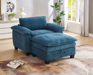 English Elm 51" Oversize Chaise Lounge Chair with Ottoman and Hidden Storage Upholstered in Soft Chenille Comfort Blue W1097S00153