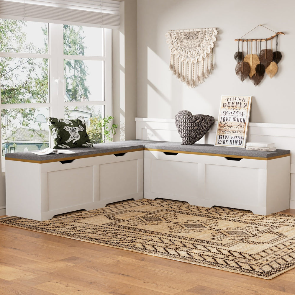 English Elm 3-piece L-shaped Corner Storage Bench Modular Flip Top Seat for Bedroom Entryway W1162P418406
